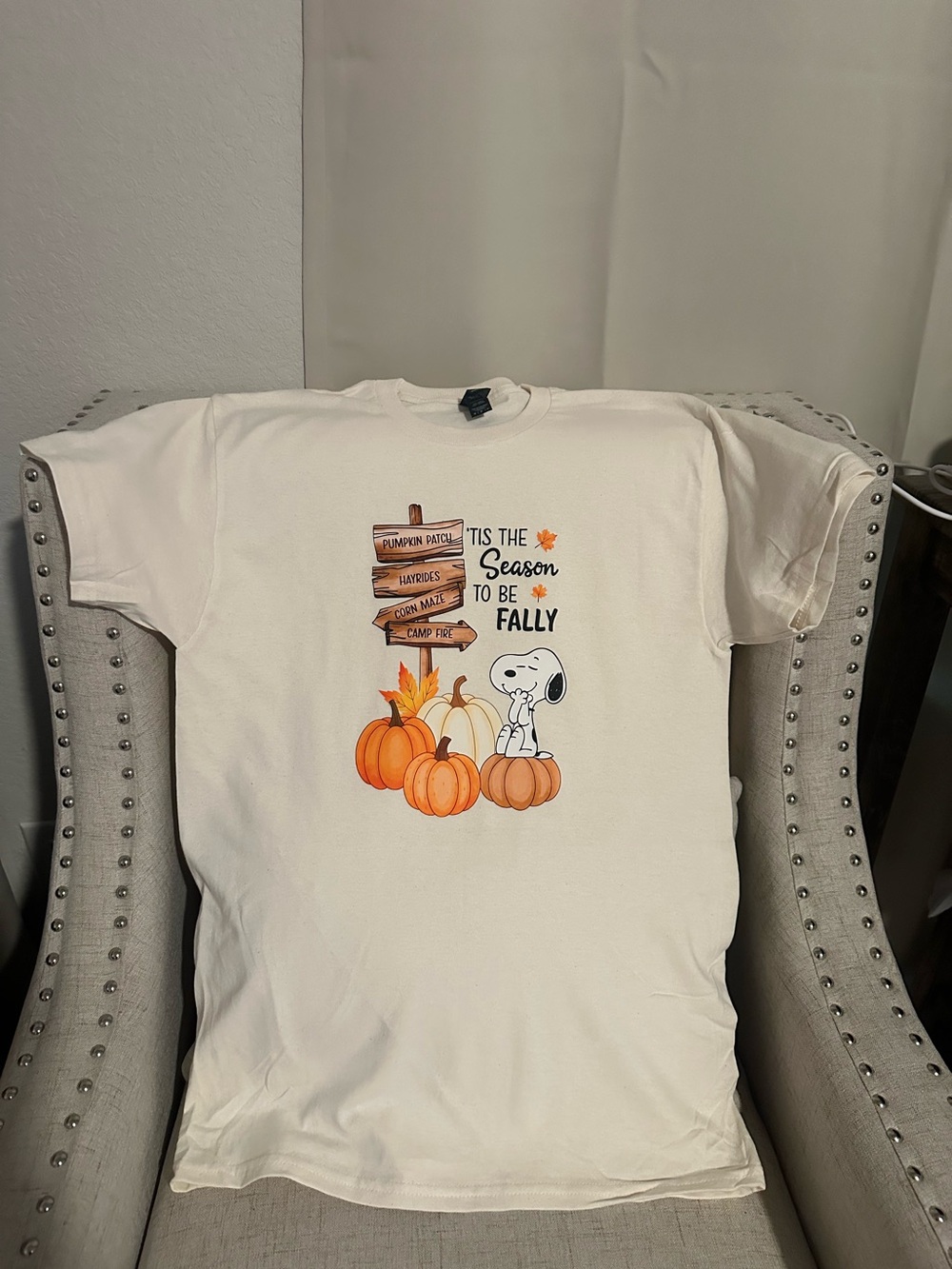 Gildan Cream Kids Tee with Snoopy Pumpkin Fall Graphic